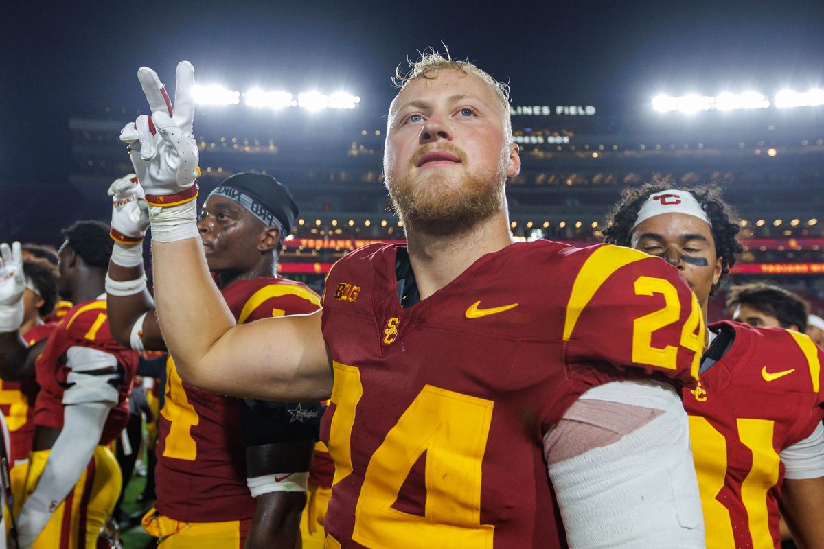 Carson Tabaracci #24 of the USC Trojans reacts after an NCAA Football game against the Fresno State Bulldogs on September 4, 2026 at The Los Angeles Memorial Coliseum in Los Angeles, California. Carson Tabaracci #24 of the USC Trojans reacts after an NCAA Football game against the Fresno State Bulldogs on September 4, 2026 at The Los Angeles Memorial Coliseum in Los Angeles, California.