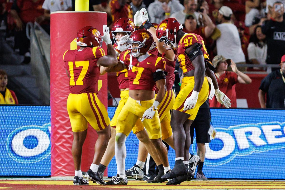 Alex Graham #7 of the USC Trojans celebrates with teammates after a safety during an NCAA Football game against the USC Trojans on September 4, 2026 at The Los Angeles Memorial Coliseum in Los Angeles, California. Alex Graham #7 of the USC Trojans celebrates with teammates after a safety during an NCAA Football game against the USC Trojans on September 4, 2026 at The Los Angeles Memorial Coliseum in Los Angeles, California.