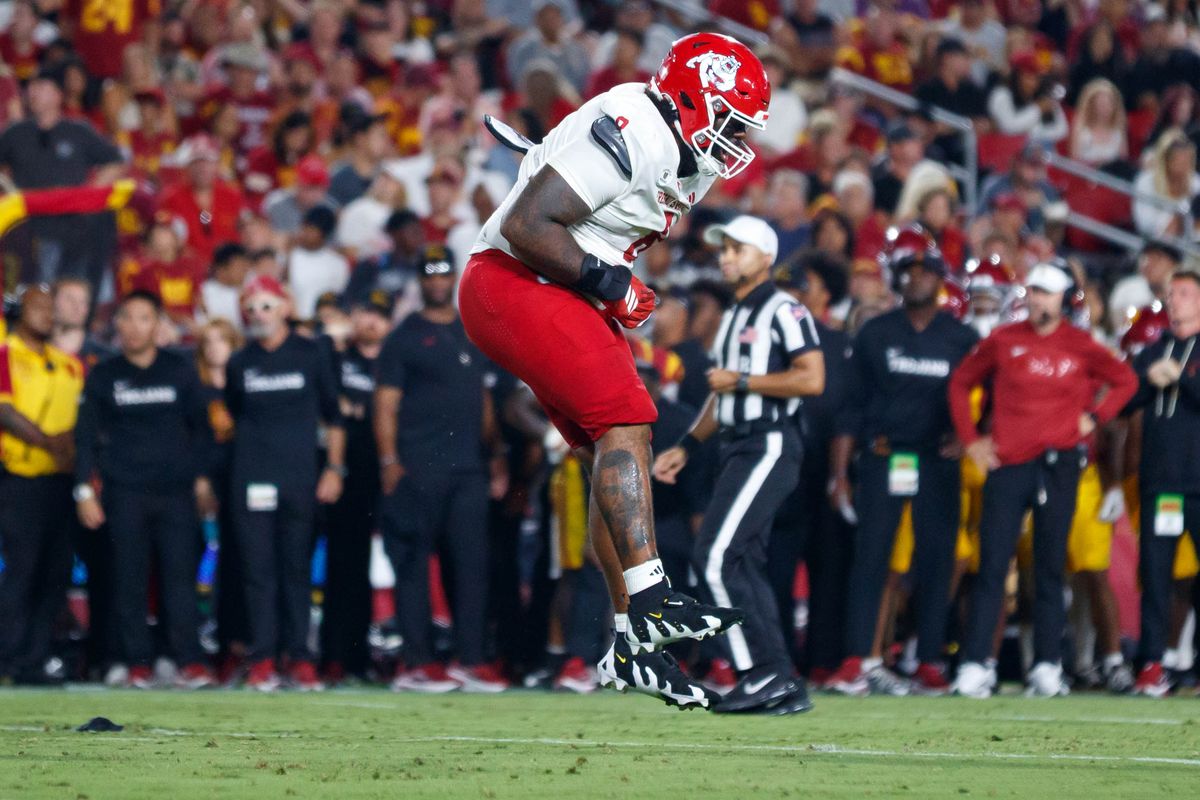 Martin Owusu #8 of the Fresno State Bulldogs reacts after a fumble during an NCAA Football game against the USC Trojans on September 4, 2026 at The Los Angeles Memorial Coliseum in Los Angeles, California. Martin Owusu #8 of the Fresno State Bulldogs reacts after a fumble during an NCAA Football game against the USC Trojans on September 4, 2026 at The Los Angeles Memorial Coliseum in Los Angeles, California.