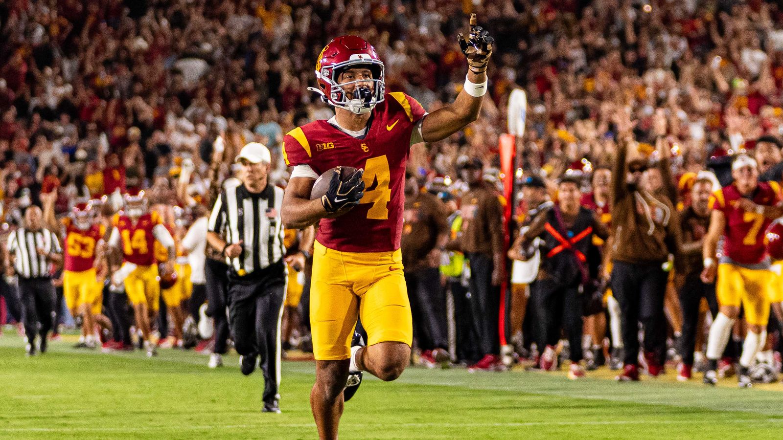 USC wide receiver Trent Mosley (4) celebrates on the way to a touchdown during an NCAA Football game against the Louisiana Ragin Cajuns on September 12th, 2026 at The Los Angeles Memorial Coliseum in Los Angeles, California. USC wide receiver Trent Mosley (4) celebrates on the way to a touchdown during an NCAA Football game against the Louisiana Ragin Cajuns on September 12th, 2026 at The Los Angeles Memorial Coliseum in Los Angeles, California.