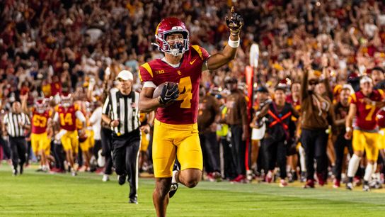 USC wide receiver Trent Mosley (4) celebrates on the way to a touchdown during an NCAA Football game against the Louisiana Ragin Cajuns on September 12th, 2026 at The Los Angeles Memorial Coliseum in Los Angeles, California.
