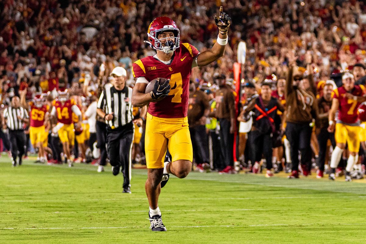 USC wide receiver Trent Mosley (4) celebrates on the way to a touchdown during an NCAA Football game against the Louisiana Ragin Cajuns on September 12th, 2026 at The Los Angeles Memorial Coliseum in Los Angeles, California. USC wide receiver Trent Mosley (4) celebrates on the way to a touchdown during an NCAA Football game against the Louisiana Ragin Cajuns on September 12th, 2026 at The Los Angeles Memorial Coliseum in Los Angeles, California.