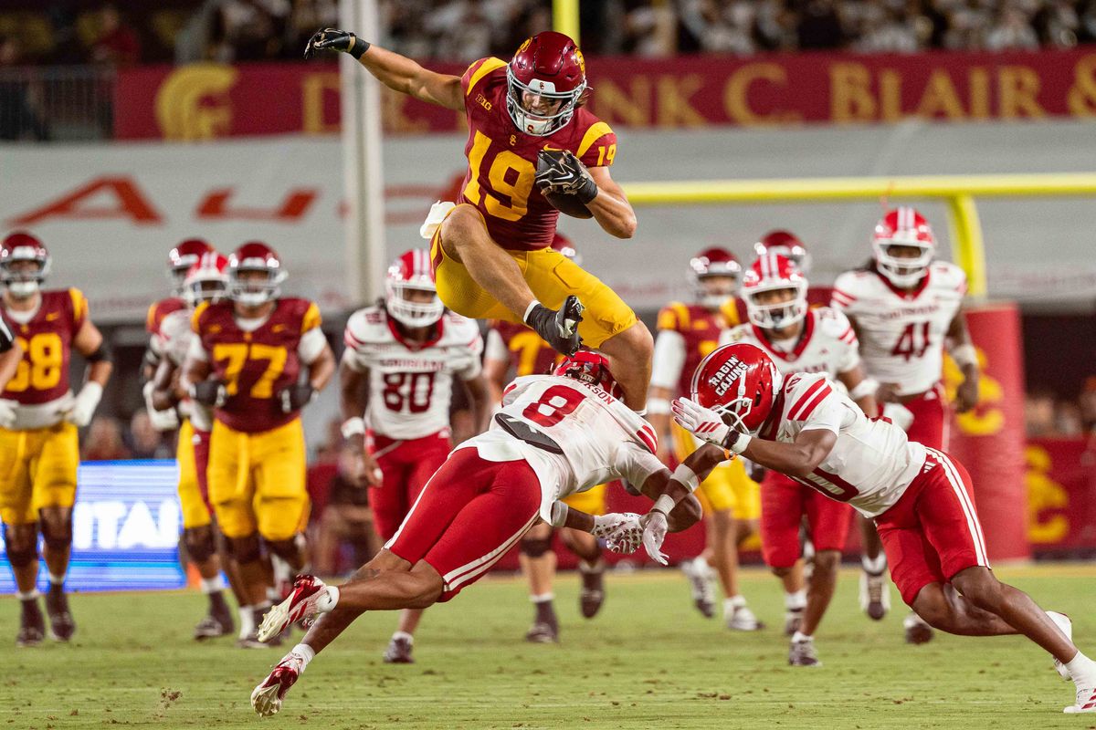 USC tight end Mark Bowman (19) hurdles over the defense during an NCAA Football game against the Louisiana Ragin Cajuns on September 12th, 2026 at The Los Angeles Memorial Coliseum in Los Angeles, California. USC tight end Mark Bowman (19) hurdles over the defense during an NCAA Football game against the Louisiana Ragin Cajuns on September 12th, 2026 at The Los Angeles Memorial Coliseum in Los Angeles, California.