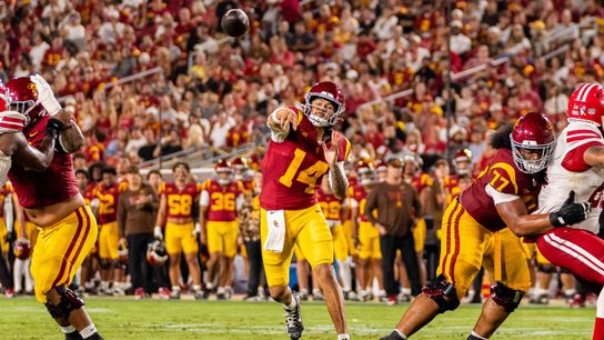 USC quarterback Jayden Maiava (14) makes a pass during an NCAA Football game against the Louisiana Ragin Cajuns on September 12th, 2026 at The Los Angeles Memorial Coliseum in Los Angeles, California. USC quarterback Jayden Maiava (14) makes a pass during an NCAA Football game against the Louisiana Ragin Cajuns on September 12th, 2026 at The Los Angeles Memorial Coliseum in Los Angeles, California.
