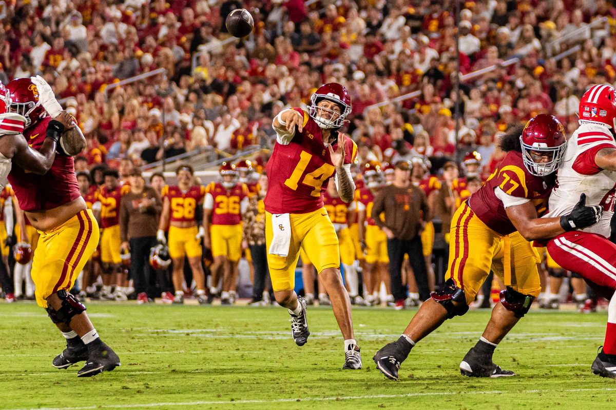USC quarterback Jayden Maiava (14) makes a pass during an NCAA Football game against the Louisiana Ragin Cajuns on September 12th, 2026 at The Los Angeles Memorial Coliseum in Los Angeles, California. USC quarterback Jayden Maiava (14) makes a pass during an NCAA Football game against the Louisiana Ragin Cajuns on September 12th, 2026 at The Los Angeles Memorial Coliseum in Los Angeles, California.