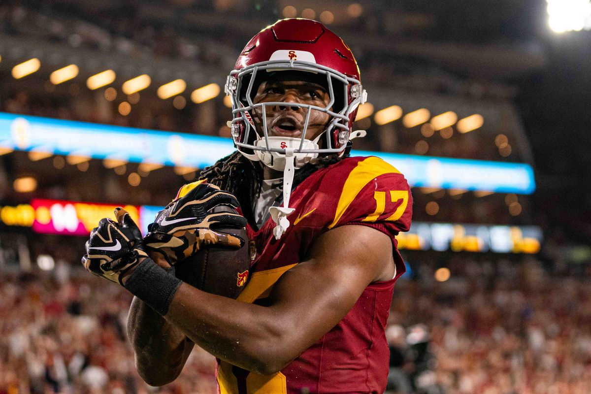 USC wide receiver Kayden Dixon-Wyatt (17) completes a touchdown during an NCAA Football game against the Louisiana Ragin Cajuns on September 12th, 2026 at The Los Angeles Memorial Coliseum in Los Angeles, California. USC wide receiver Kayden Dixon-Wyatt (17) completes a touchdown during an NCAA Football game against the Louisiana Ragin Cajuns on September 12th, 2026 at The Los Angeles Memorial Coliseum in Los Angeles, California.