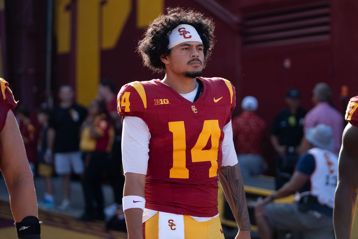 USC Trojan QB Jayden Maiava (14) walks out the tunnel with the captains during an NCAA football game against the Oregon Ducks on September 26, 2026 in Los Angeles, CA. USC Trojan QB Jayden Maiava (14) walks out the tunnel with the captains during an NCAA football game against the Oregon Ducks on September 26, 2026 in Los Angeles, CA.