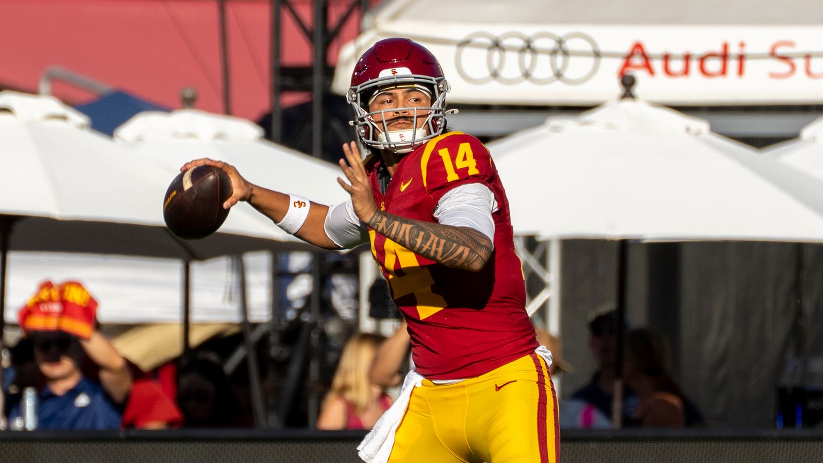 Jayden Maiava #14 of the USC Trojans throws a pass during a NCAA football game against the UW Huskies, Saturday October 3rd, 2026 in Los Angeles, California. Jayden Maiava #14 of the USC Trojans throws a pass during a NCAA football game against the UW Huskies, Saturday October 3rd, 2026 in Los Angeles, California.