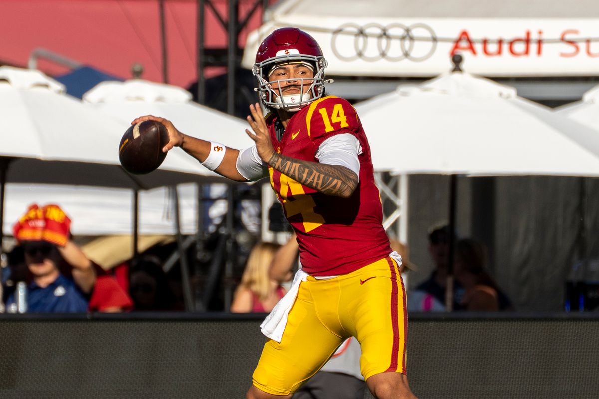 Jayden Maiava #14 of the USC Trojans throws a pass during a NCAA football game against the UW Huskies, Saturday October 3rd, 2026 in Los Angeles, California. Jayden Maiava #14 of the USC Trojans throws a pass during a NCAA football game against the UW Huskies, Saturday October 3rd, 2026 in Los Angeles, California.