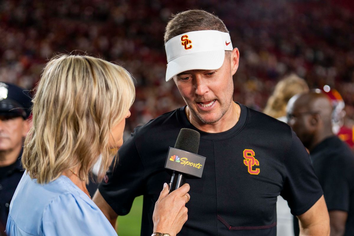 Head coach Lincoln Riley of the USC Trojans interviewed after the win during a NCAA football game against the Washington Huskies, Saturday October 3rd, 2026 in Los Angeles, California. Head coach Lincoln Riley of the USC Trojans interviewed after the win during a NCAA football game against the Washington Huskies, Saturday October 3rd, 2026 in Los Angeles, California.