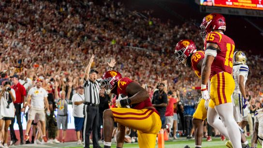 Jahkeem Stewart #4 of the USC Trojans celebrates after scoring a touchdown during a NCAA football game against the Washington Huskies, Saturday October 3rd, 2026 in Los Angeles, California. Jahkeem Stewart #4 of the USC Trojans celebrates after scoring a touchdown during a NCAA football game against the Washington Huskies, Saturday October 3rd, 2026 in Los Angeles, California.