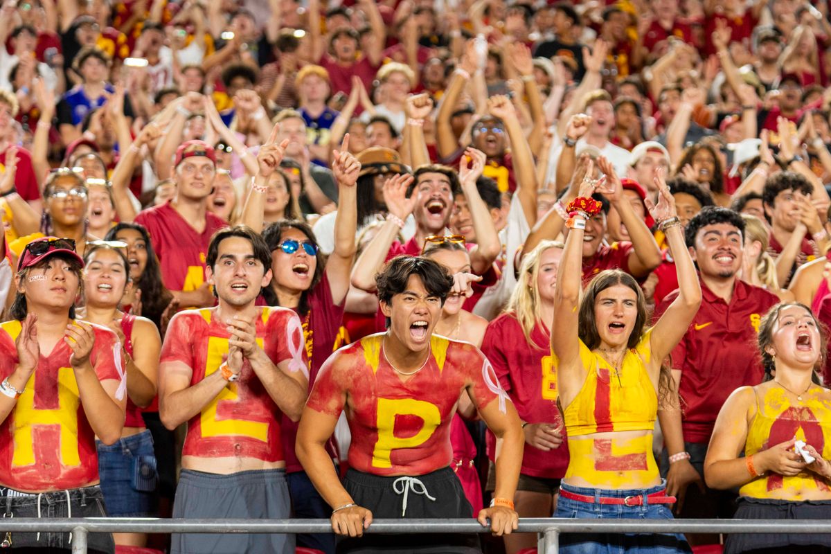 USC Trojans student section going crazy after a fourth down stop during a NCAA football game against the UW Huskies, Saturday October 3rd, 2026 in Los Angeles, California. USC Trojans student section going crazy after a fourth down stop during a NCAA football game against the UW Huskies, Saturday October 3rd, 2026 in Los Angeles, California.