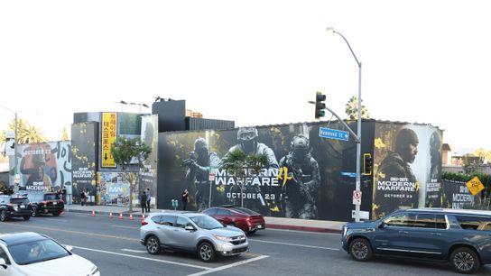Sunset Blvd. traffic passes past the Activision Call of Duty: Modern Warfare 4 activation. Sunset Blvd. traffic passes past the Activision Call of Duty: Modern Warfare 4 activation.