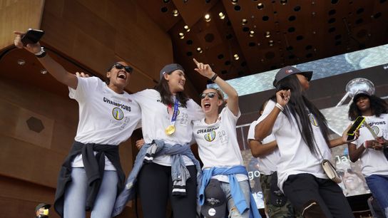 Oct 19, 2021; Chicago, IL, USA; The Chicago Sky celebrate their WNBA Championship at Millennium Park. Mandatory Credit: David Banks-USA TODAY Sports