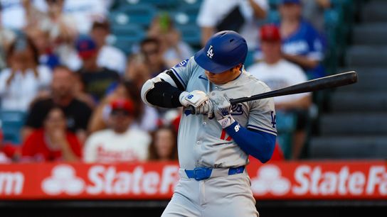 Los Angeles Dodgers designated hitter Shohei Ohtani eludes a pitch during the during the Freeway Series against the Los Angeles Angels at Angel Stadium on September 3, 2024 in Anaheim, California.