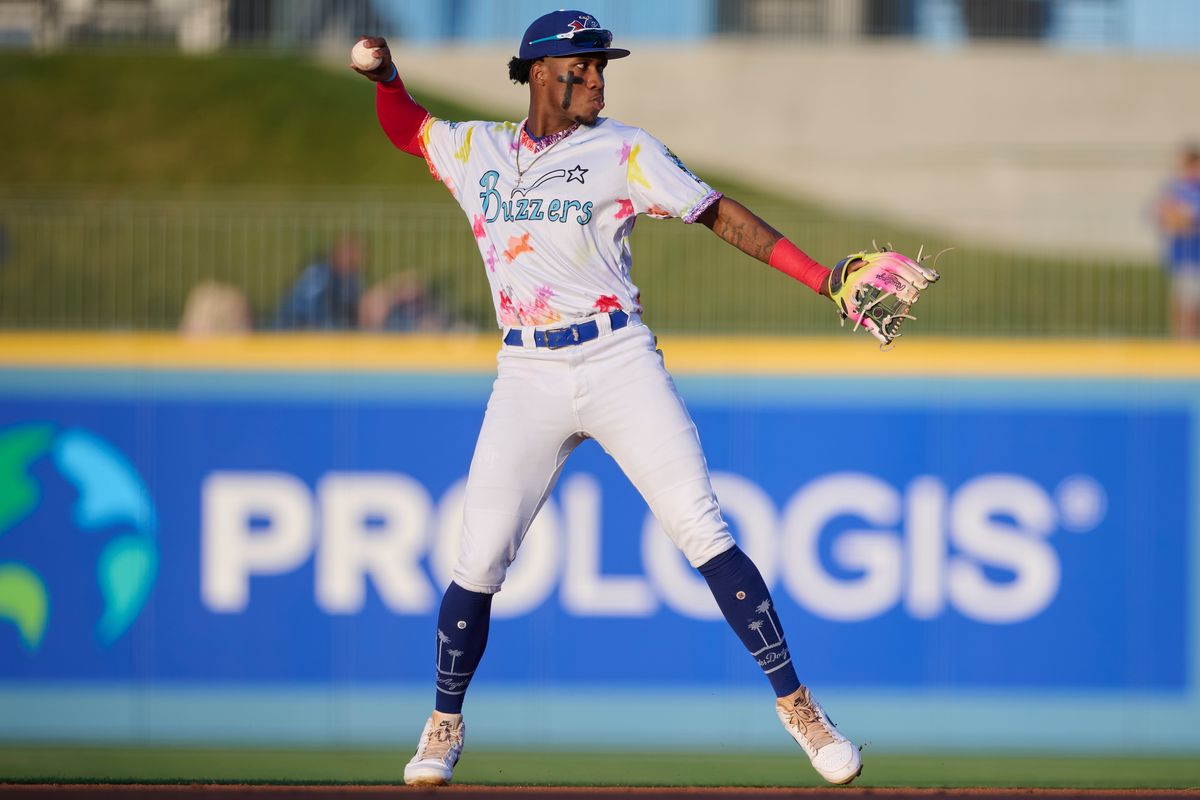 The Ontario Tower Buzzers Mairoshendrick Martinus #3 throws during an MiLB game against The Lake Elsinore Storm, April 29th, 2026 in Ontario  California.