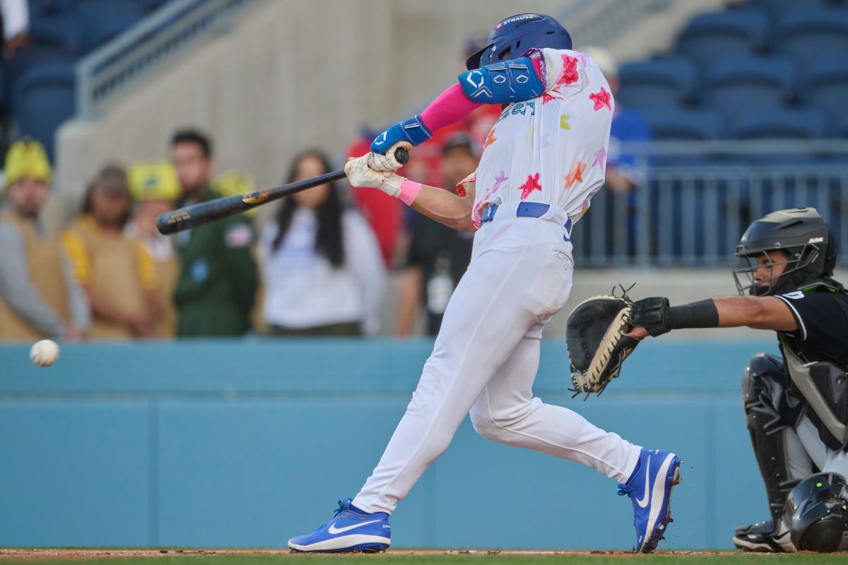 The Ontario Tower Buzzers Jaron Elkins #17 bats during an MiLB game against The Lake Elsinore Storm, April 29th, 2026 in Ontario  California.