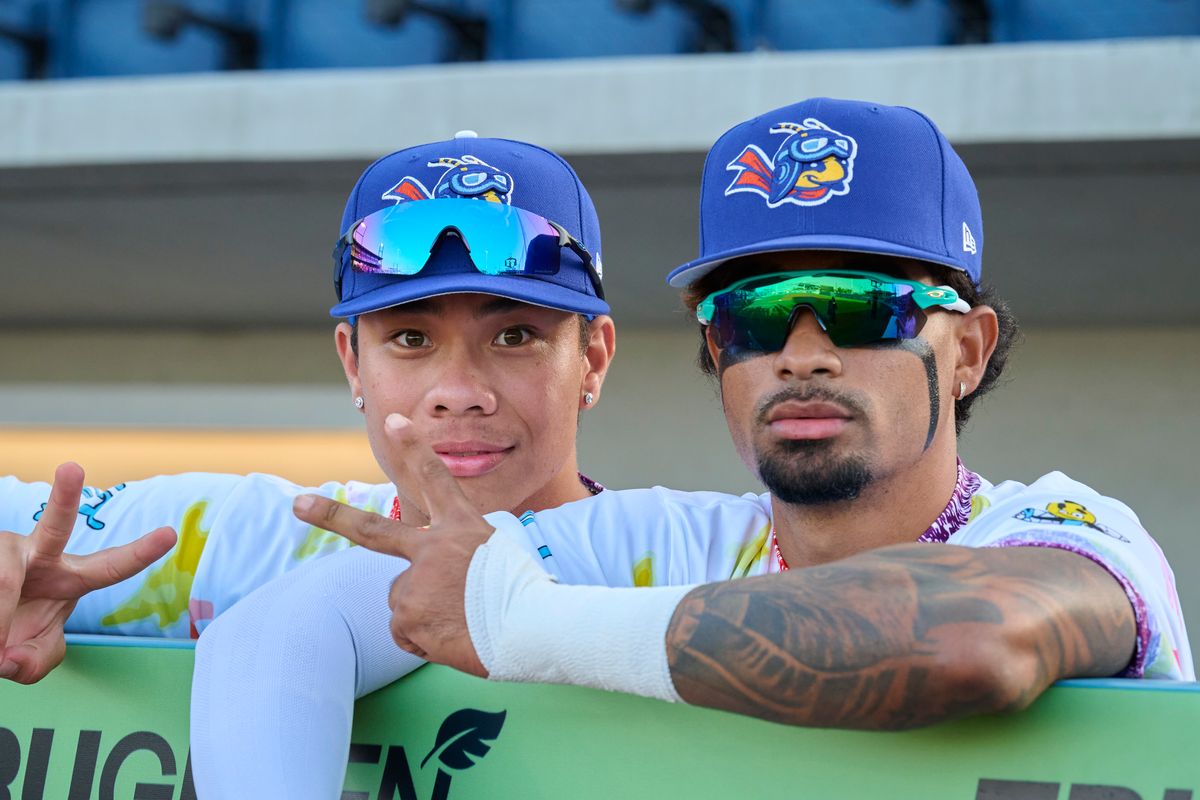 The Ontario Tower Buzzers Ching-Hsien Ko #36 and Joendry Vargas #9 during an MiLB game against The Lake Elsinore Storm, April 29th, 2026 in Ontario  California.