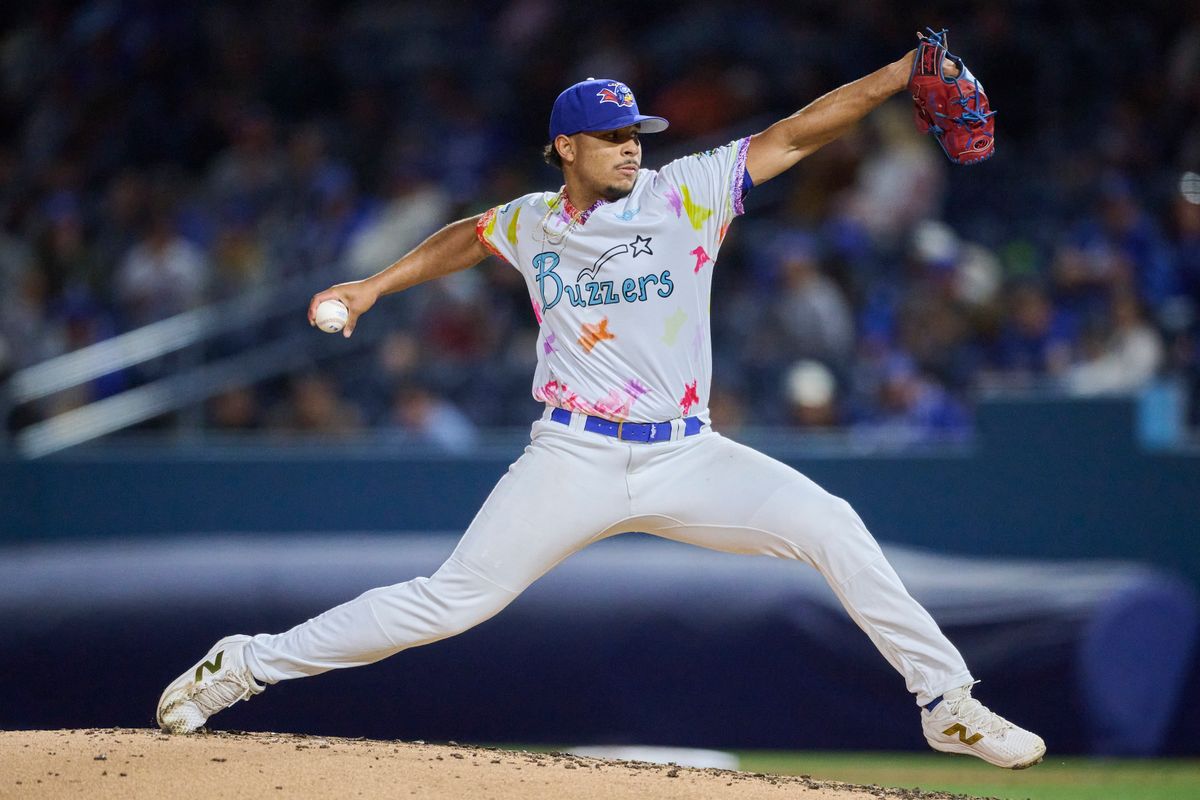 The Ontario Tower Buzzers Jesus Tillero #46 pitches during an MiLB game against The Lake Elsinore Storm, April 29th, 2026 in Ontario  California.