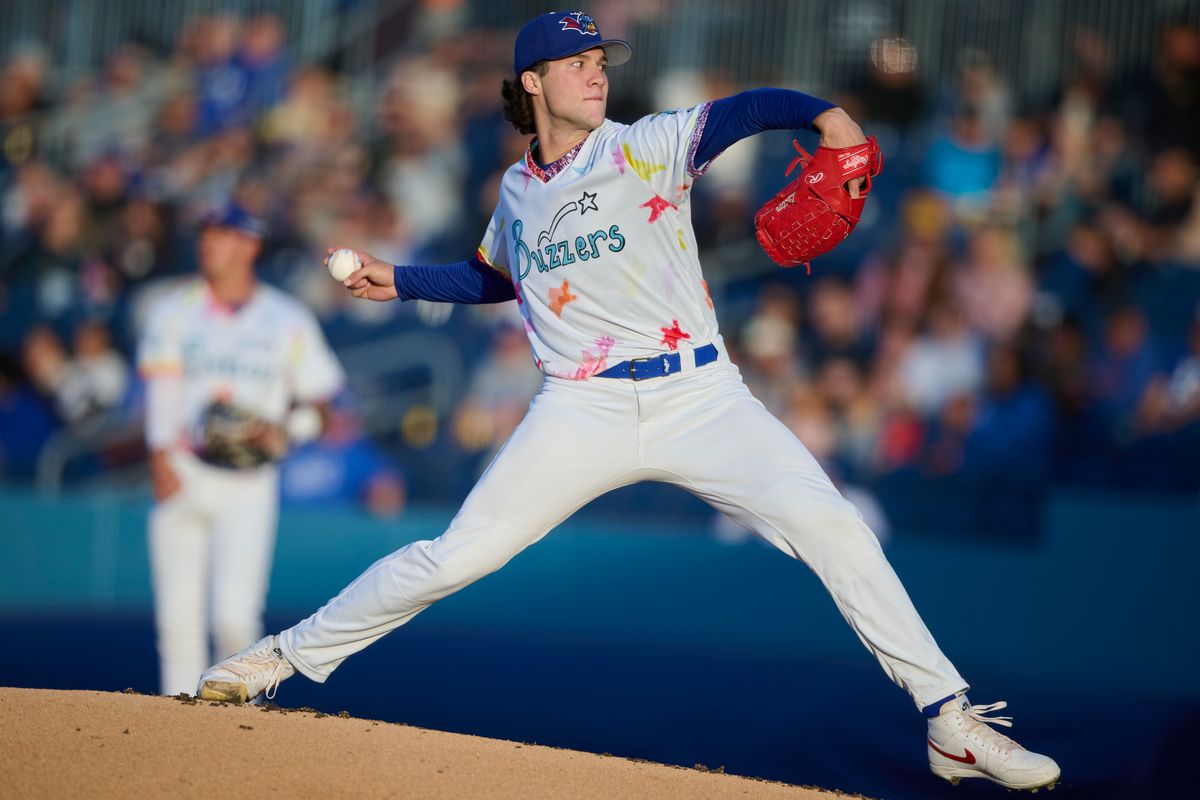 The Ontario Tower Buzzers Cam Leiter #33 pitches during an MiLB game against The Lake Elsinore Storm, April 29th, 2026 in Ontario  California.