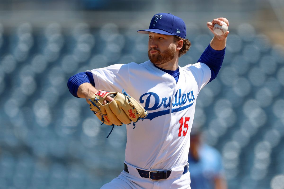 Luke Fox #15 of the Tulsa Drillers throws a pitch during a game against the Arkansas Travelers at ONEOK Field on April 19, 2026 in Tulsa, Oklahoma.
