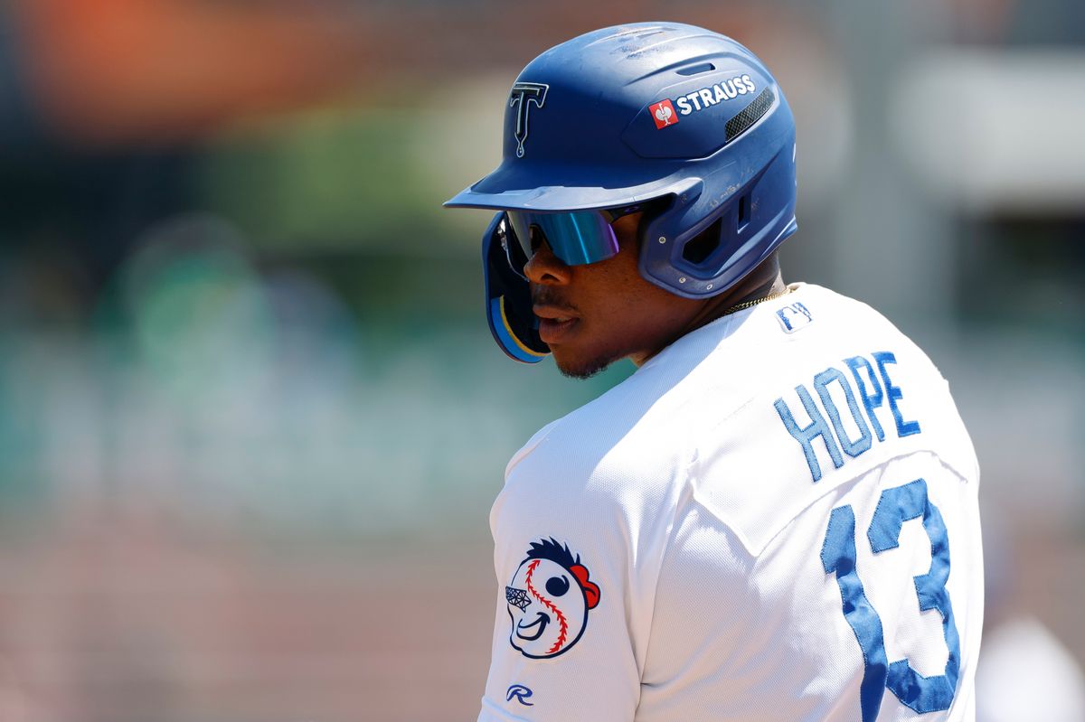 Zyhir Hope #13 of the Tulsa Drillers stands on first base during a game against the Arkansas Travelers at ONEOK Field on April 19, 2026 in Tulsa, Oklahoma.