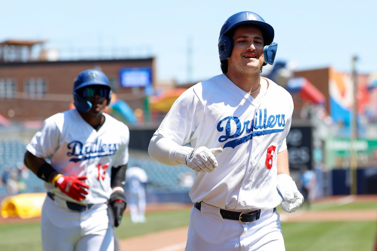 Jake Gelof #6 of the Tulsa Drillers celebrates his home run during a game against the Arkansas Travelers at ONEOK Field on April 19, 2026 in Tulsa, Oklahoma.