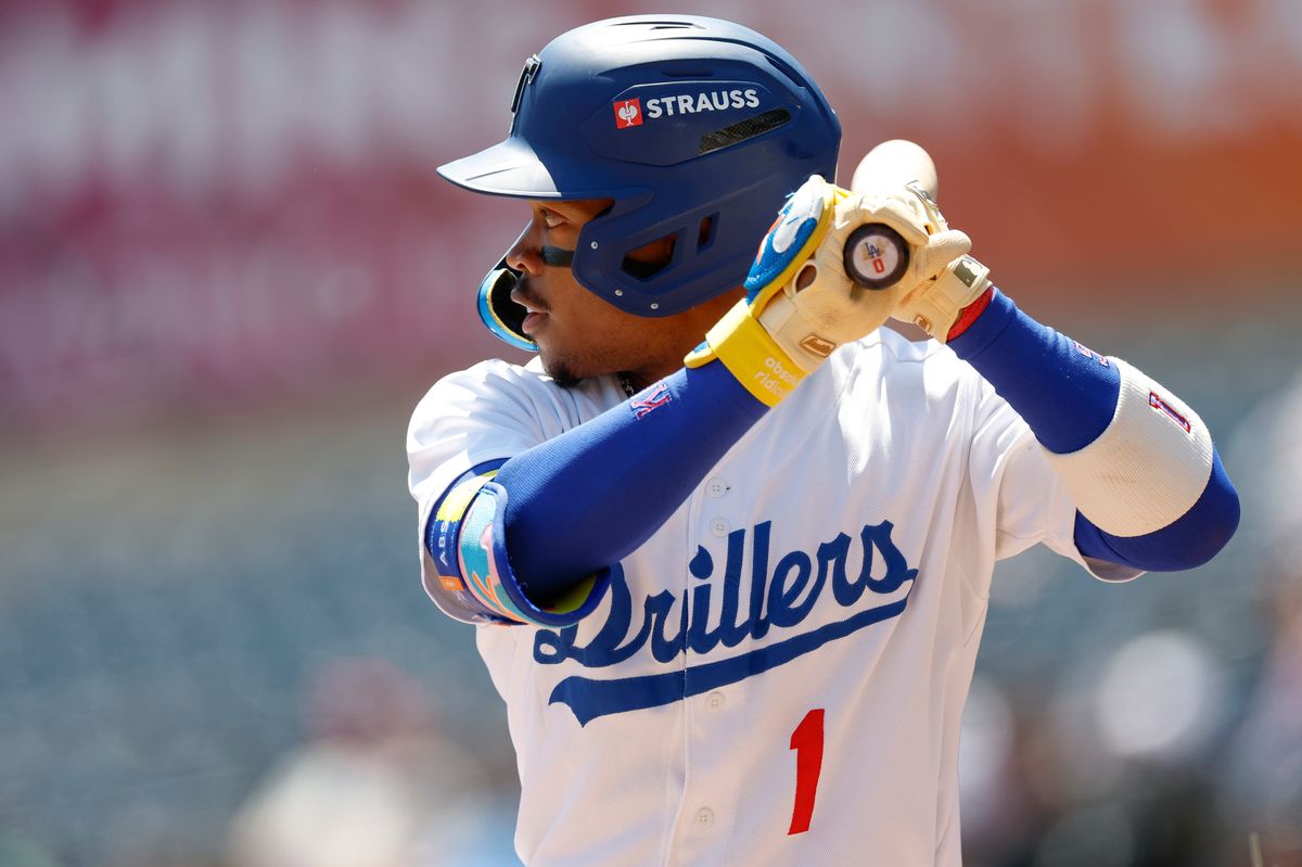 Kendall George #1 of the Tulsa Drillers stands on deck during a game against the Arkansas Travelers at ONEOK Field on April 19, 2026 in Tulsa, Oklahoma.