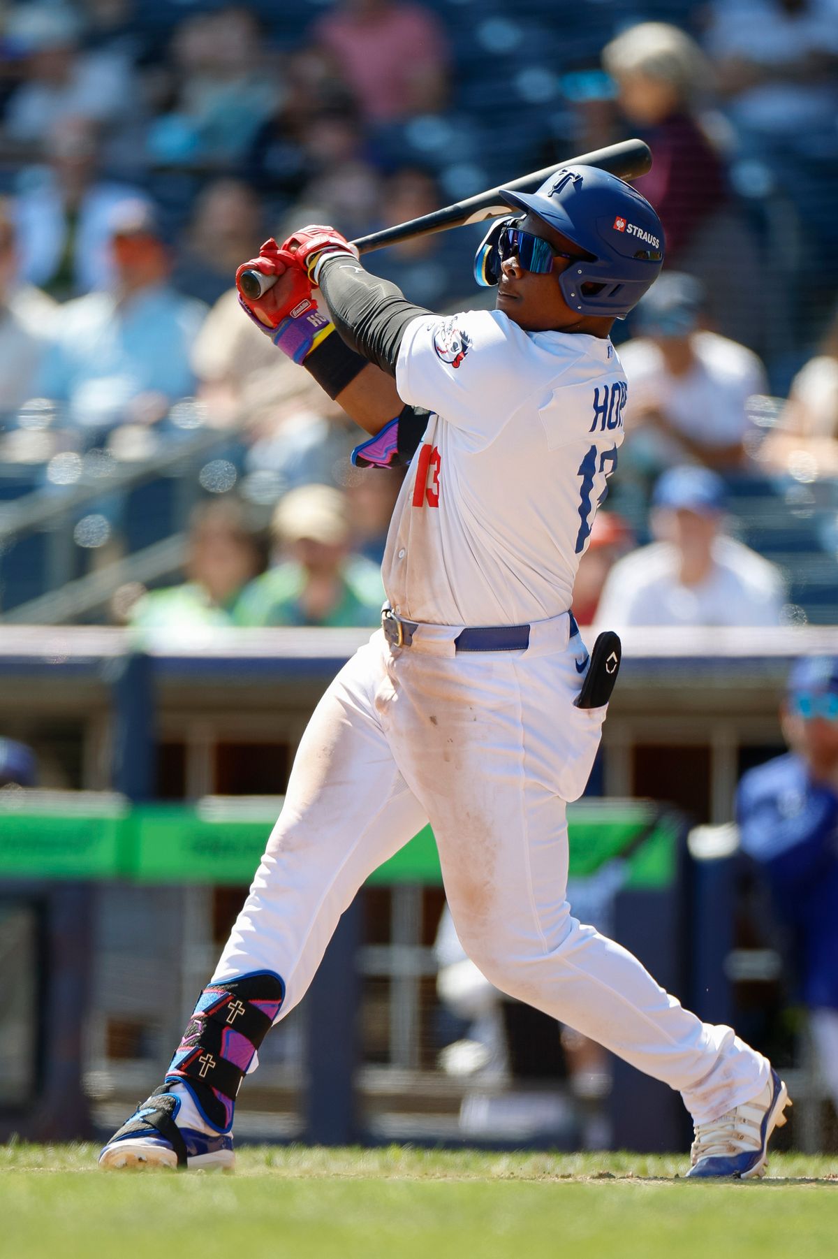 Zyhir Hope #13 of the Tulsa Drillers watches his home run in flight during a game against the Arkansas Travelers at ONEOK Field on April 19, 2026 in Tulsa, Oklahoma.