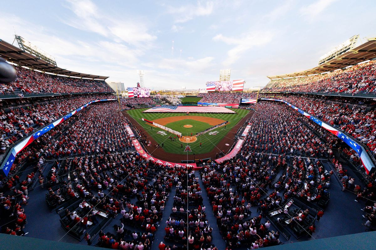 A general view of the stadium during the National Anthem before the game between the Seattle Mariners and Los Angeles Angels at Angel Stadium of Anaheim on April 3, 2026 in Anaheim, California. A general view of the stadium during the National Anthem before the game between the Seattle Mariners and Los Angeles Angels at Angel Stadium of Anaheim on April 3, 2026 in Anaheim, California.