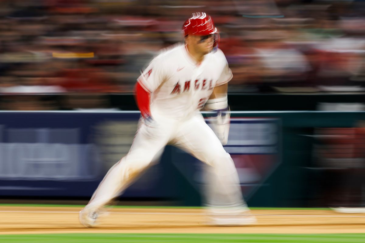 Mike Trout #27 of the Los Angeles Angels runs during the game against the Seattle Mariners at Angel Stadium of Anaheim on April 3, 2026 in Anaheim, California. Mike Trout #27 of the Los Angeles Angels runs during the game against the Seattle Mariners at Angel Stadium of Anaheim on April 3, 2026 in Anaheim, California.