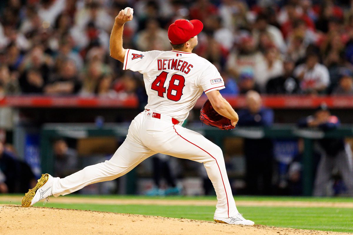 Reid Detmers #48 of the Los Angeles Angels pitches during the game against the Seattle Mariners at Angel Stadium of Anaheim on April 3, 2026 in Anaheim, California. Reid Detmers #48 of the Los Angeles Angels pitches during the game against the Seattle Mariners at Angel Stadium of Anaheim on April 3, 2026 in Anaheim, California.