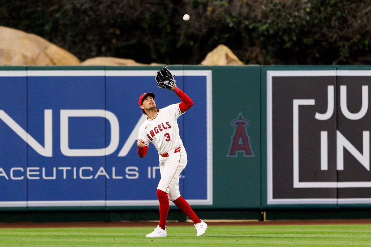 Josh Lowe #3 of the Los Angeles Angels catches a fly ball during the game against the Seattle Mariners at Angel Stadium of Anaheim on April 3, 2026 in Anaheim, California. Josh Lowe #3 of the Los Angeles Angels catches a fly ball during the game against the Seattle Mariners at Angel Stadium of Anaheim on April 3, 2026 in Anaheim, California.
