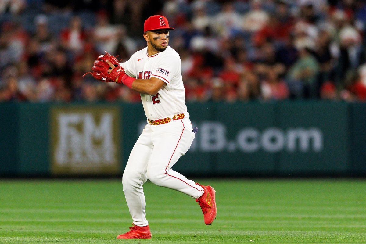 Oswald Peraza #2 of the Los Angeles Angels fields the ball during the game against the Seattle Mariners at Angel Stadium of Anaheim on April 3, 2026 in Anaheim, California. Oswald Peraza #2 of the Los Angeles Angels fields the ball during the game against the Seattle Mariners at Angel Stadium of Anaheim on April 3, 2026 in Anaheim, California.
