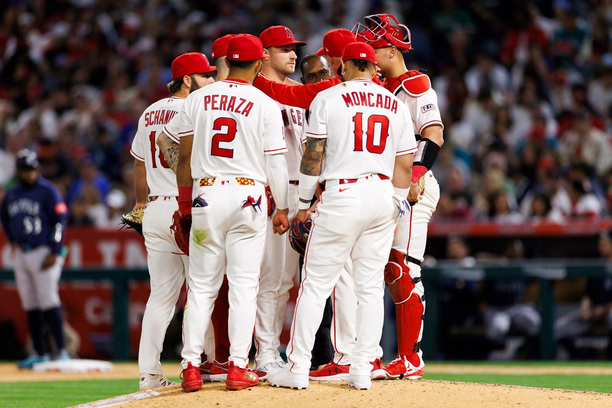 Los Angeles Angels mound visit during the game against the Seattle Mariners at Angel Stadium of Anaheim on April 3, 2026 in Anaheim, California. Los Angeles Angels mound visit during the game against the Seattle Mariners at Angel Stadium of Anaheim on April 3, 2026 in Anaheim, California.