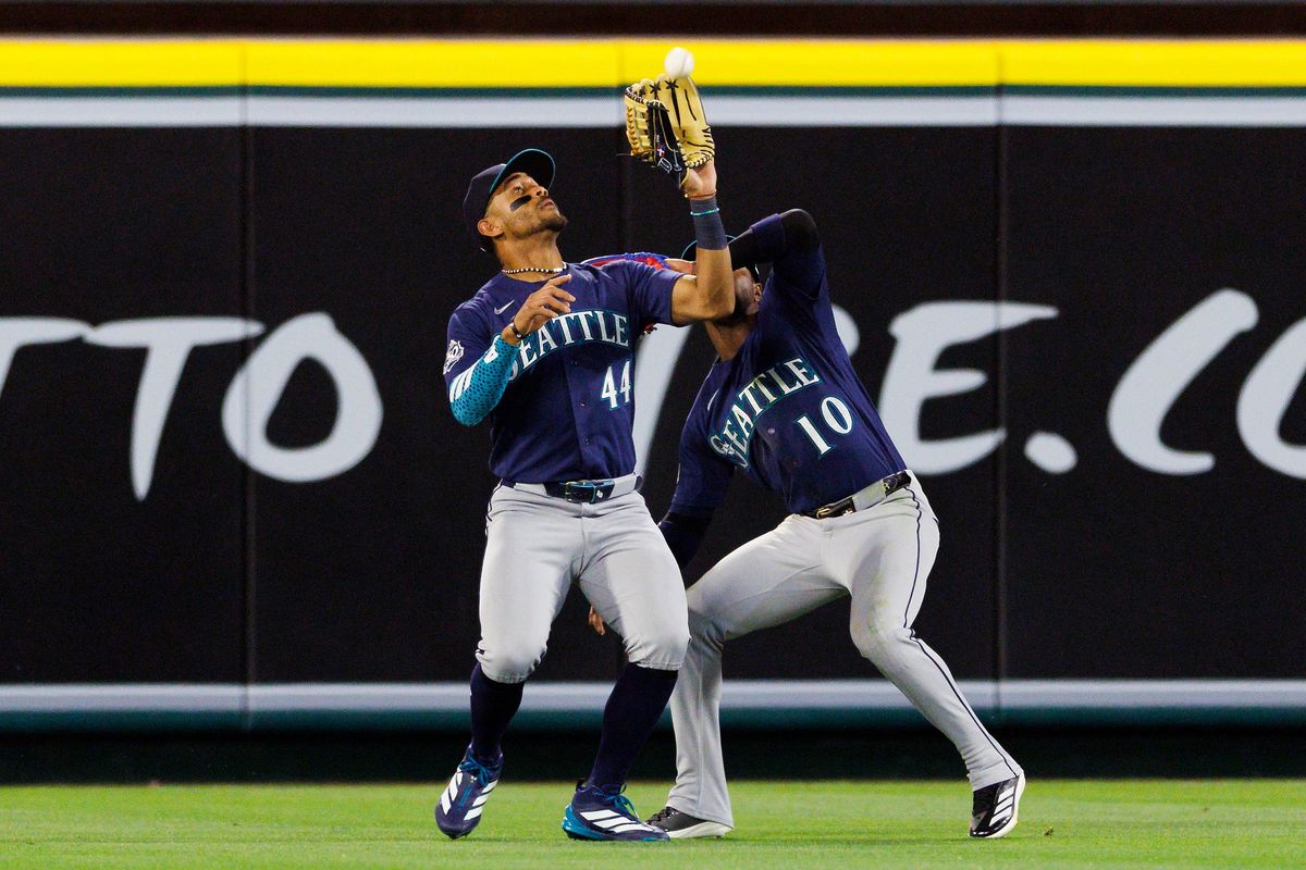 Julio Rodriguez #44 of the Seattle Mariners catches a fly ball during the game against the Los Angeles Angels at Angel Stadium of Anaheim on April 3, 2026 in Anaheim, California. Julio Rodriguez #44 of the Seattle Mariners catches a fly ball during the game against the Los Angeles Angels at Angel Stadium of Anaheim on April 3, 2026 in Anaheim, California.