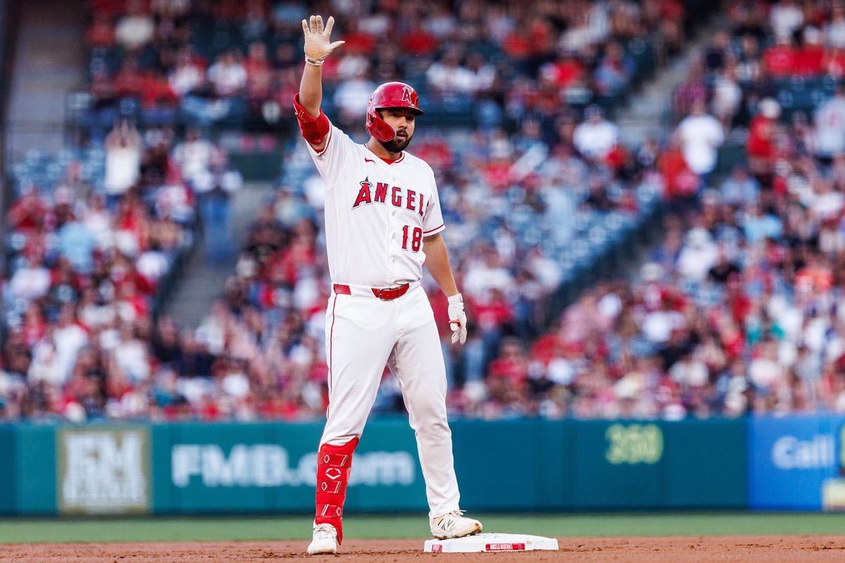 Nolan Schanuel #18 of the Los Angeles Angels celebrates after hitting a double during an MLB match against the Seattle Mariners at Angel Stadium on April 4, 2026 in Anaheim, California. Nolan Schanuel #18 of the Los Angeles Angels celebrates after hitting a double during an MLB match against the Seattle Mariners at Angel Stadium on April 4, 2026 in Anaheim, California.