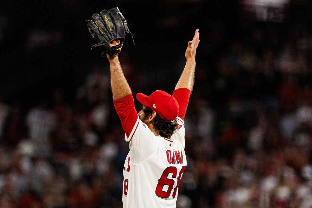 Jordan Romano #68 of the Los Angeles Angels celebrates after a game-winning strikeout during an MLB match against the Seattle Mariners at Angel Stadium on April 4, 2026 in Anaheim, California. Jordan Romano #68 of the Los Angeles Angels celebrates after a game-winning strikeout during an MLB match against the Seattle Mariners at Angel Stadium on April 4, 2026 in Anaheim, California.