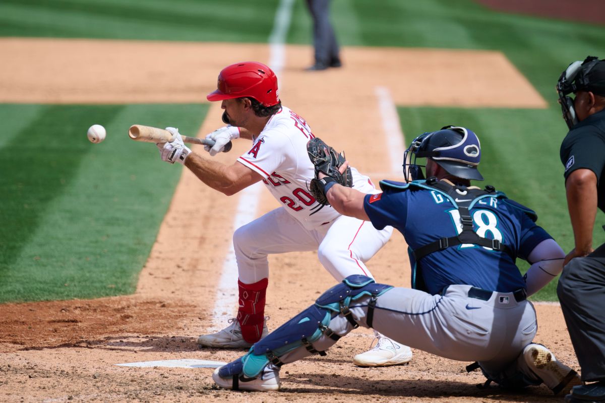 The Los Angeles Angels Adam Frazier #20 bunts during an MLB game against the Seattle Mariners, April 5th, 2026 in Anaheim California. The Los Angeles Angels Adam Frazier #20 bunts during an MLB game against the Seattle Mariners, April 5th, 2026 in Anaheim California.