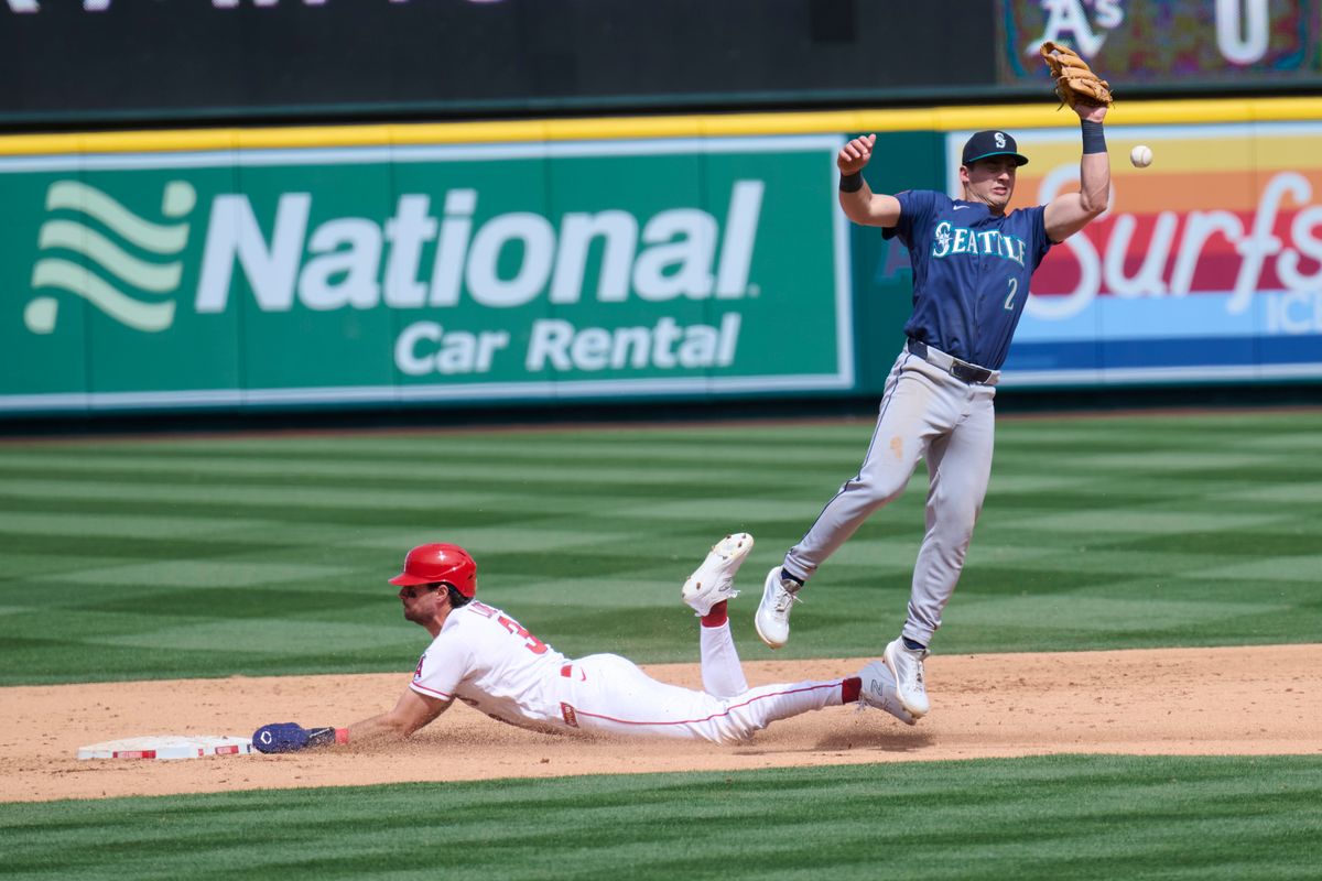 The Los Angeles Angels Josh Lowe #3 slides into second during an MLB game against the Seattle Mariners, April 5th, 2026 in Anaheim California. The Los Angeles Angels Josh Lowe #3 slides into second during an MLB game against the Seattle Mariners, April 5th, 2026 in Anaheim California.