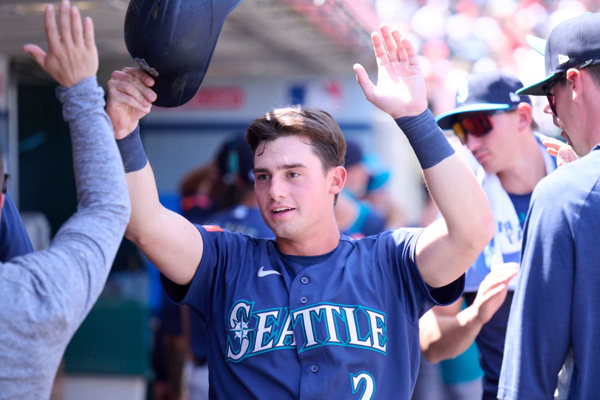 The Seattle Mariners Cole Young #2 celebrates a three run homer during an MLB game against the Los Angeles Angels, April 5th, 2026 in Anaheim California. The Seattle Mariners Cole Young #2 celebrates a three run homer during an MLB game against the Los Angeles Angels, April 5th, 2026 in Anaheim California.