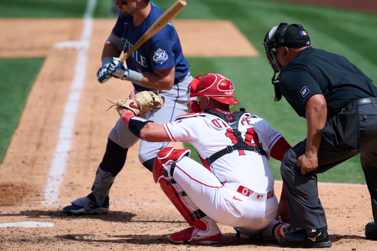 The Los Angeles Angels Logan O'Hoppe #14 catching during an MLB game against the Seattle Mariners, April 5th, 2026 in Anaheim California. The Los Angeles Angels Logan O'Hoppe #14 catching during an MLB game against the Seattle Mariners, April 5th, 2026 in Anaheim California.
