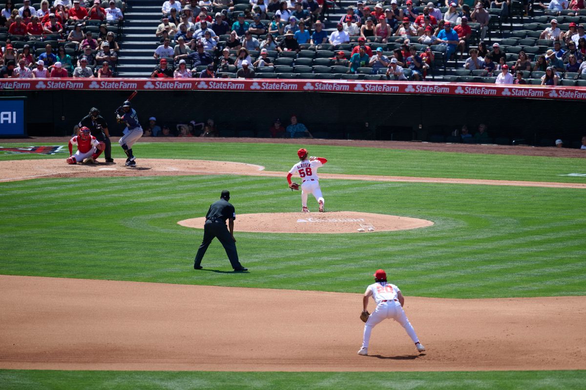 The Los Angeles Angels George Klassen #58 pitching during an MLB game against the Seattle Mariners, April 5th, 2026 in Anaheim California. The Los Angeles Angels George Klassen #58 pitching during an MLB game against the Seattle Mariners, April 5th, 2026 in Anaheim California.