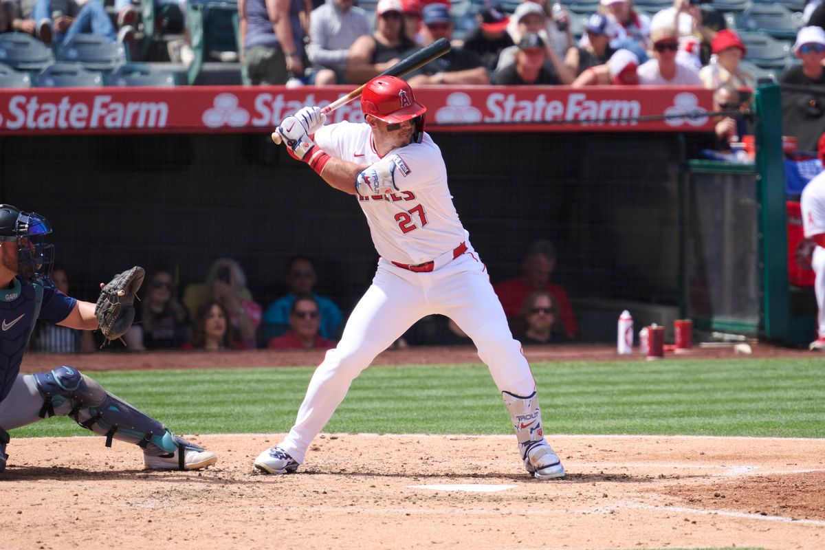 The Los Angeles Angels Mike Trout #27 bats during an MLB game against the Seattle Mariners, April 5th, 2026 in Anaheim California. The Los Angeles Angels Mike Trout #27 bats during an MLB game against the Seattle Mariners, April 5th, 2026 in Anaheim California.