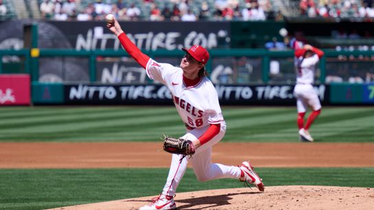 The Los Angeles Angels George Klassen #58 pitching during an MLB game against the Seattle Mariners, April 5th, 2026 in Anaheim California.