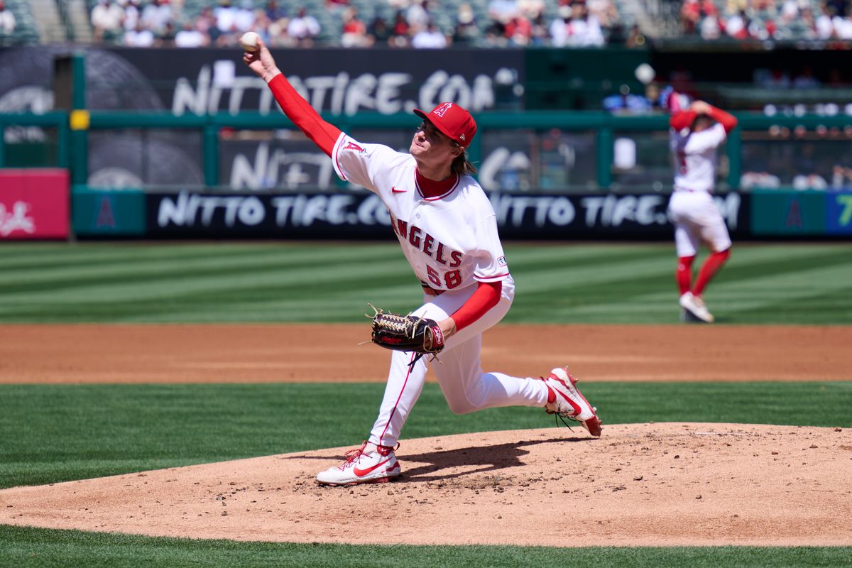The Los Angeles Angels George Klassen #58 pitching during an MLB game against the Seattle Mariners, April 5th, 2026 in Anaheim California. The Los Angeles Angels George Klassen #58 pitching during an MLB game against the Seattle Mariners, April 5th, 2026 in Anaheim California.
