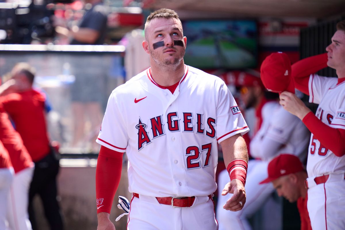 The Los Angeles Angels Mike Trout #27 in the dug out during an MLB game against the Seattle Mariners, April 5th, 2026 in Anaheim California. The Los Angeles Angels Mike Trout #27 in the dug out during an MLB game against the Seattle Mariners, April 5th, 2026 in Anaheim California.