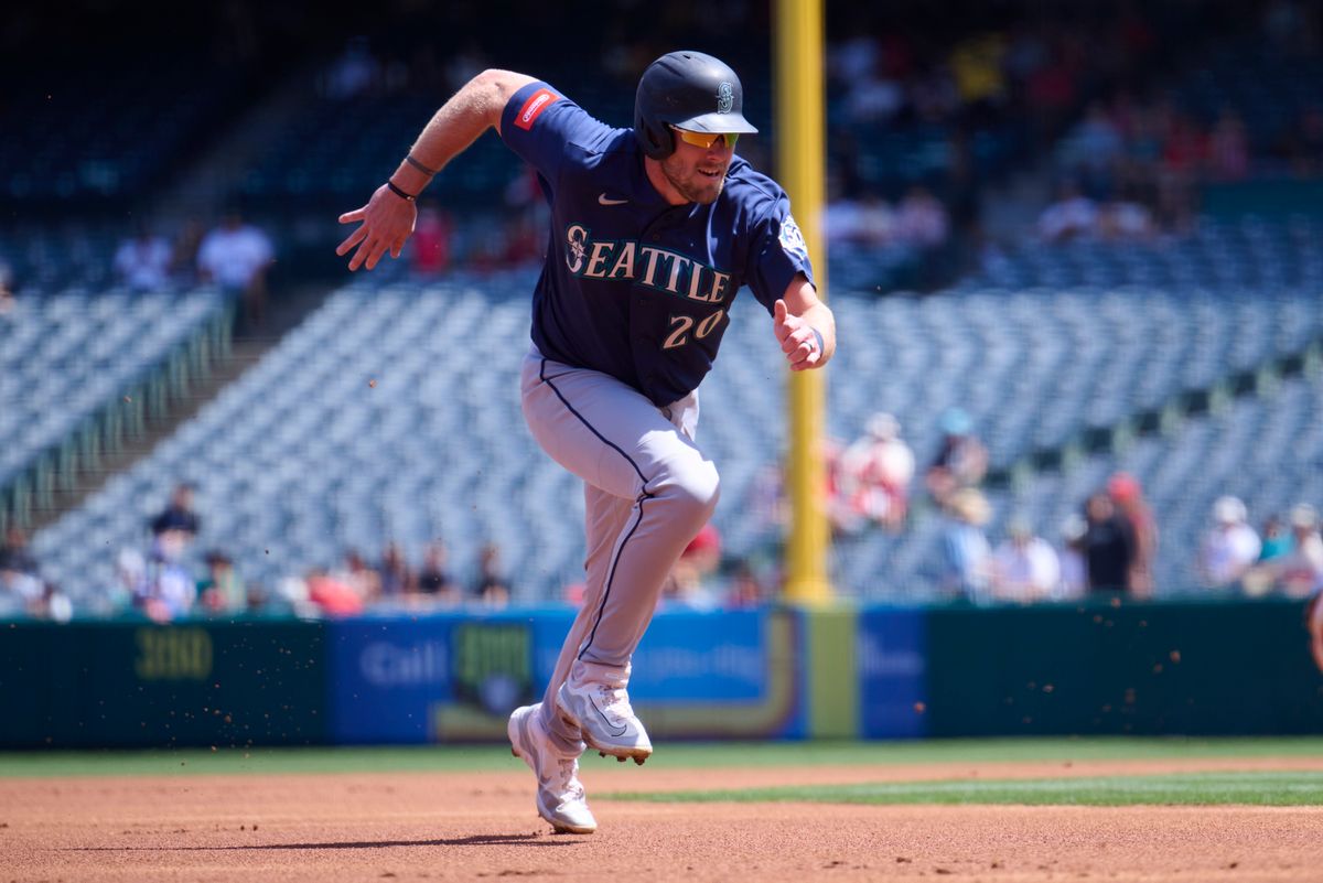 The Seattle Mariners Luke Raley #20 runs to third during an MLB game against the Los Angeles Angels, April 5th, 2026 in Anaheim California. The Seattle Mariners Luke Raley #20 runs to third during an MLB game against the Los Angeles Angels, April 5th, 2026 in Anaheim California.