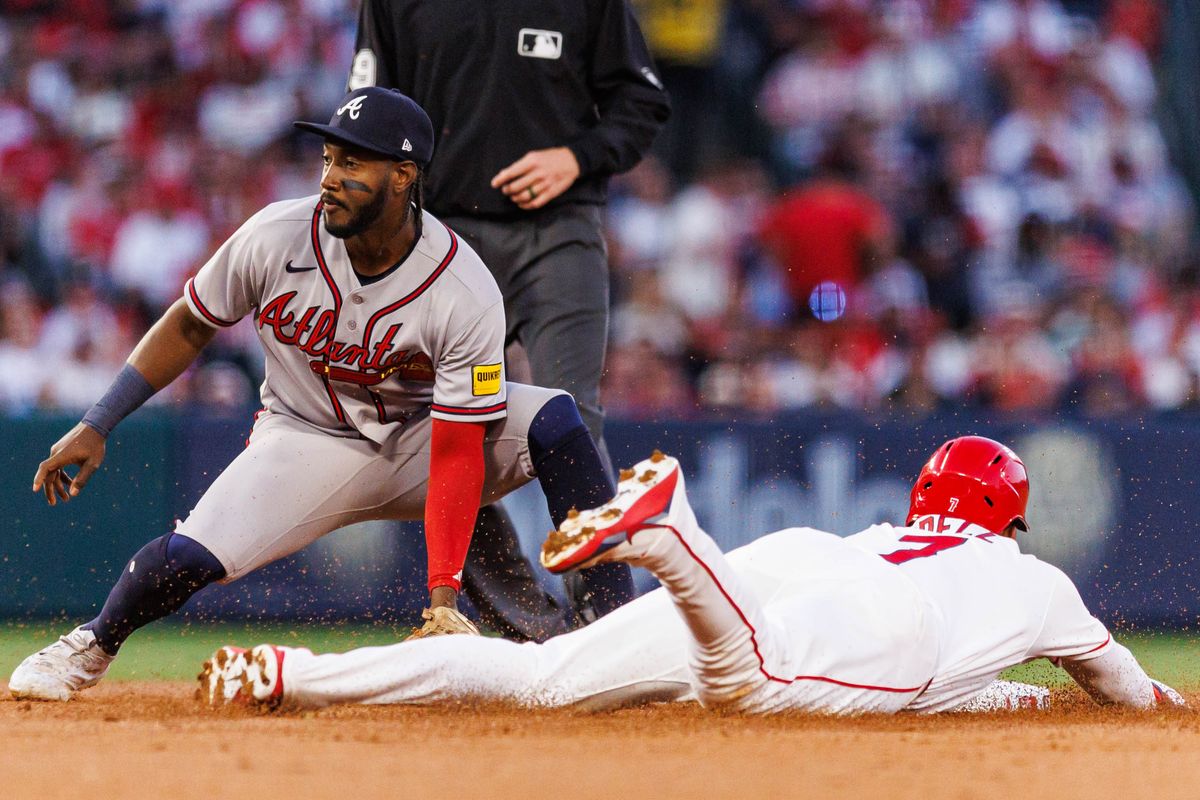 Jo Adell #7 of the Los Angeles Angels steals a base during an MLB game against the Atlanta Braves at Angel Stadium on April 7, 2026 in Anaheim, California. Jo Adell #7 of the Los Angeles Angels steals a base during an MLB game against the Atlanta Braves at Angel Stadium on April 7, 2026 in Anaheim, California.