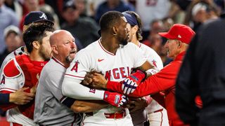 Jorge Soler appealing seven-game suspension after bench-clearing brawl vs. Braves taken at Angel Stadium (Los Angeles Angels). Photo by Steven Park - The Sporting Tribune